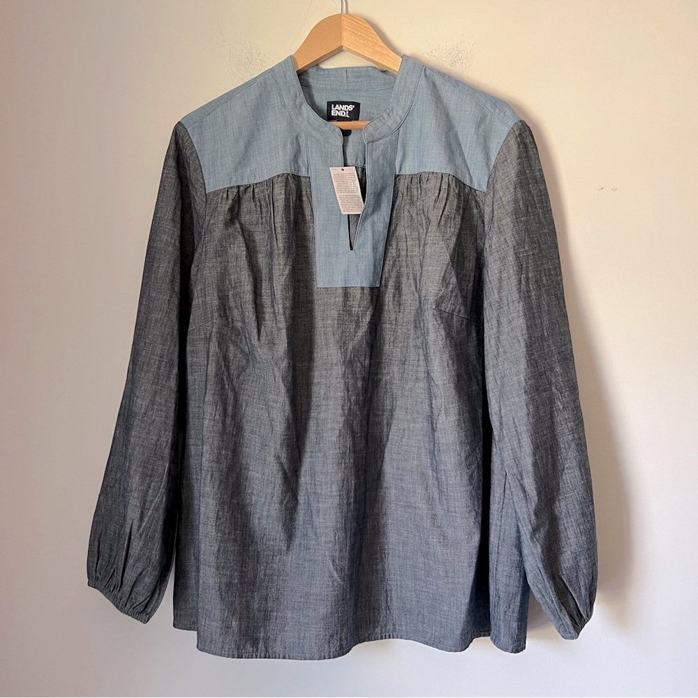 Lands' End Women's Chambray Two-tone Blue Peasant Cotton Long Sleeve Blouse NEW
